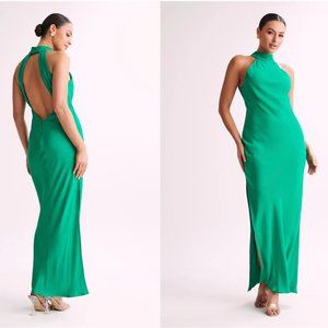 Meshki Claire Satin Drape Back Maxi in Emerald Green